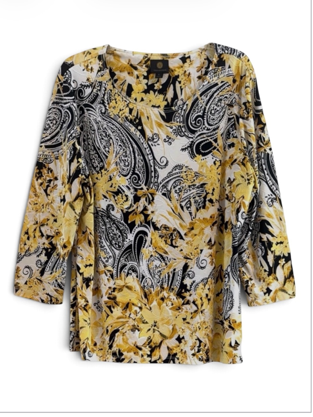 JM Collection Textured Paisley Yellow Black White Floral Long Sleeve Blouse XL